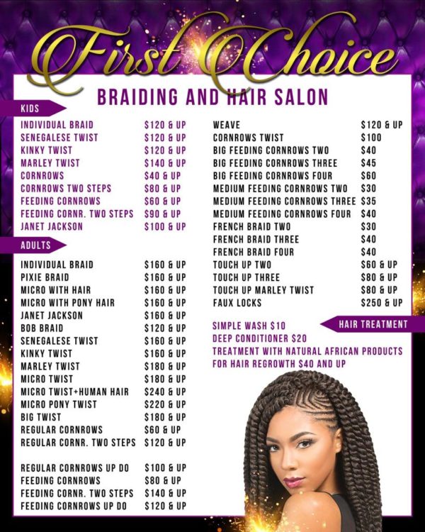 Beauty Salon Price List · First Choice Hair Braiding 3179